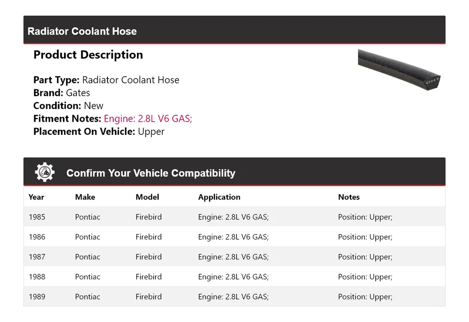 Manguera de refrigerante de radiador de gas V6 2,8 L Pontiac Firebird 1985-1989 puertas superiores Foto 2 de 4