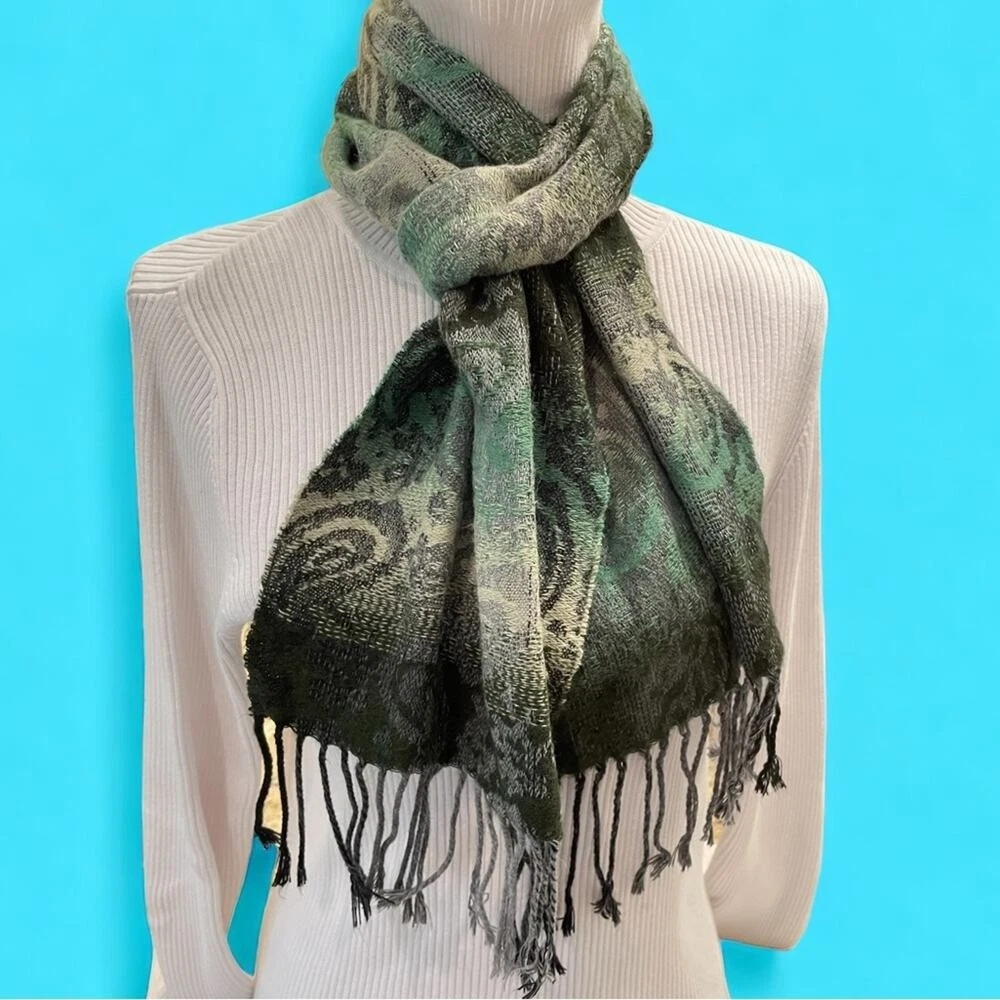 Cejon Paisley Scarf Wrap Womens Italian Green Ombre Knit Cottage Cabincore