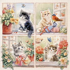 Four Beautiful Kittens Printed Cross Stitch Kit  11ct aida 40x40cm Free P&P (J)