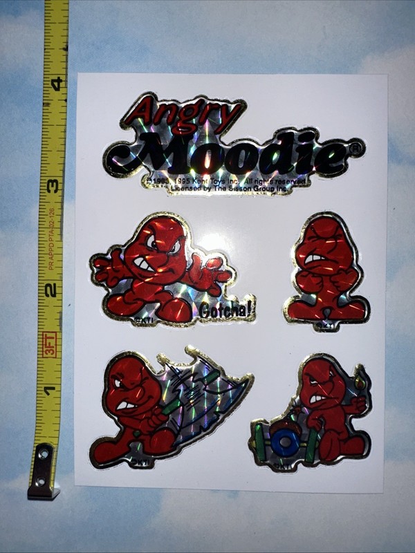 Angry Moodie 3”x4” Sticker Sheet w/ 4 Stickers * Vintage 1995 Prizm Sparkly Cute