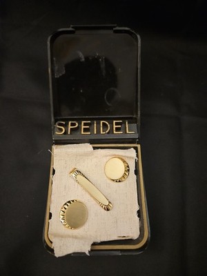 NOS Antique Vintage SPEIDEL Yellow Gold GT Cufflinks & Tie Bar Set & Box