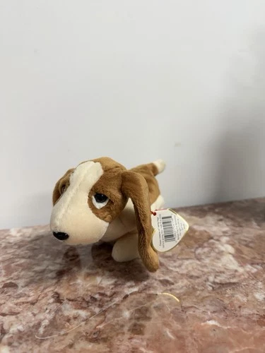 Vintage 1998 Ty Beanie Babies Tracker Basset Hound Dog Plush Toy 8in Brown Tan