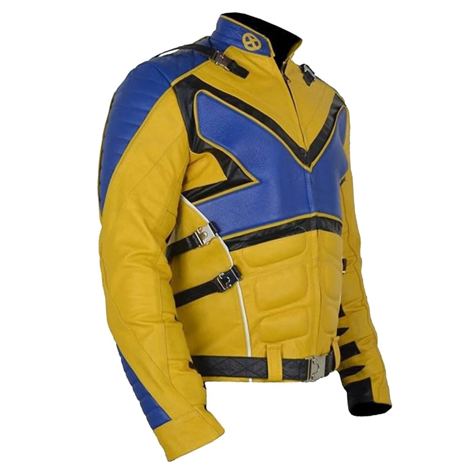 X-Men Wolverine Yellow Blue Leather Jacket  Halloween Cosplay Biker Style jacket - Image 2 of 4