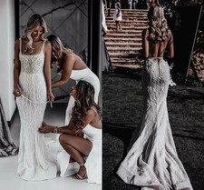 Glittering Sequined Wedding Gowns Modern Square Neck Sexy Open Back Sweep Train