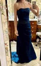 Strapless Satin Mermaid Gown With Beads And Runching Ink Navy Size 6