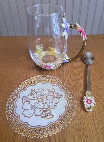 Enamel Flower Tea Cup Set w/ Spoon & Coaster Clear Glass Gold "LOVE" Floral NEW!