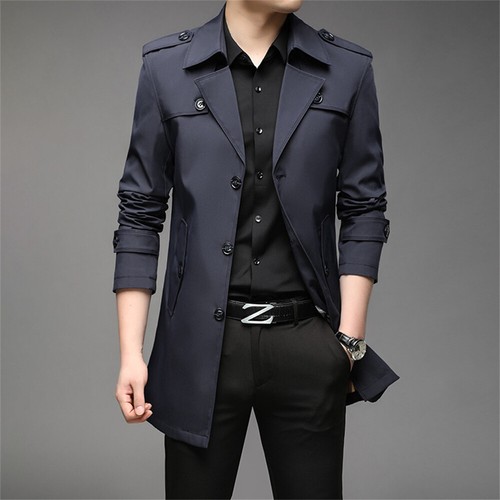 Men Mid-lenght Trench Coat French Business Lapel Jacket Single Breasted Overcoat - Picture 28 of 28