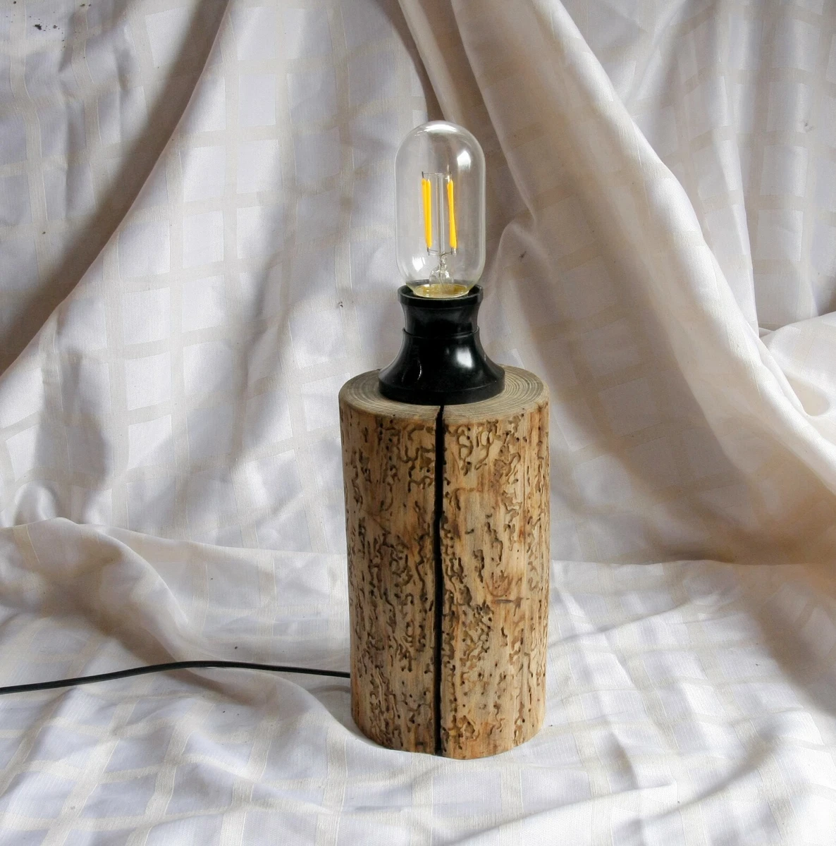 TABLE LAMP Hand Crafted Old WOOD TREE LOG Beam Worm Holes Rustic Decor