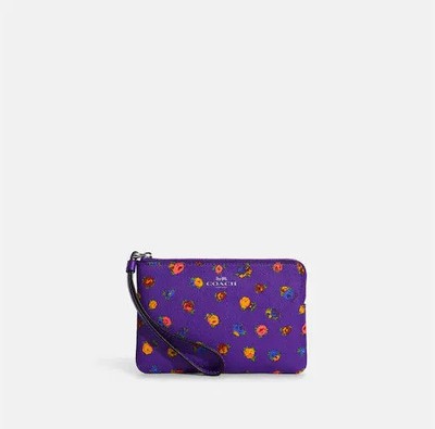 Coach Corner Zip Wristlet Mini Vintage Rose Print Purple Sport Multi Leather New