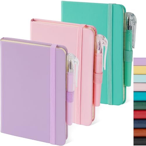 Paquete de 3 cuadernos pequeños con bolígrafo, tamaño mini de bolsillo A6 rosa_púrpura_verde - Imagen 1 de 6