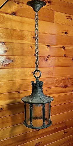 Antique 1920s Arts Craft Cast Brass Bronze Hanging Porch Light Mission Tudor Vtg - Picture 5 of 24