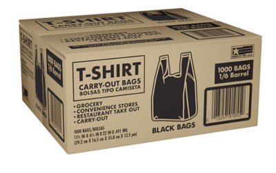 Black T-Shirt Carryout Bags (1,000 ct.), Size 11.5'' x 6.5'' x 22'' Groceries