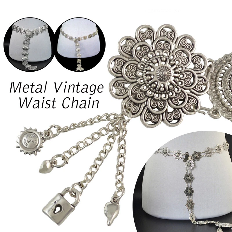 Cinturón de cadena de metal medieval para mujer renacentista plateado decorativo cinturón de baile Foto 4 de 4