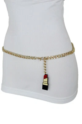 Women Gold Metal Chain Waistband Sexy Belt Red Lipstick Charm Buckle Size XS S M - image 1 of 4