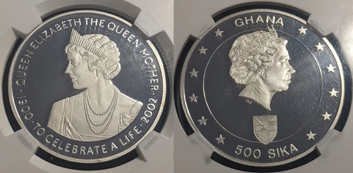 Ghana 2002 Proof Silver 500 Sika Queen Mother NGC PF69 UCAM UNC 