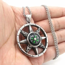 Vintage Mens Working Nautical Compass Necklace Pendant Stainless Steel 
