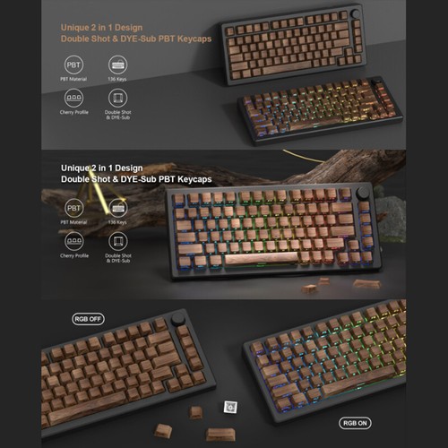136 Keys Walnut Wood Grain Side Print PBT Keycaps Backlit Dye-Sub Cherry Pro _wa - Afbeelding 2 van 9