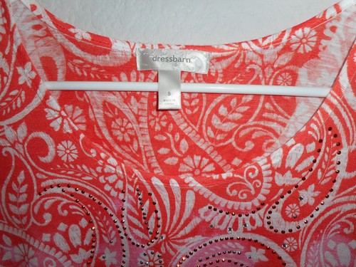 Dressbarn Womens small PolyESTER ORANGE/WHITE Floral & Paisley Rhinestone Blouse - Picture 7 of 12