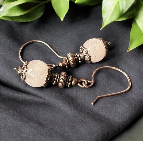 Rose Quartz Earrings Copper Earrings Dangle Drop Earrings Gemstone 7th Anniversa - Picture 5 of 7