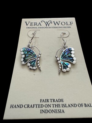 Vera Wolf Fair Trade Paua Shell Butterfly Summer Sterling Silver 925 Earrings J2