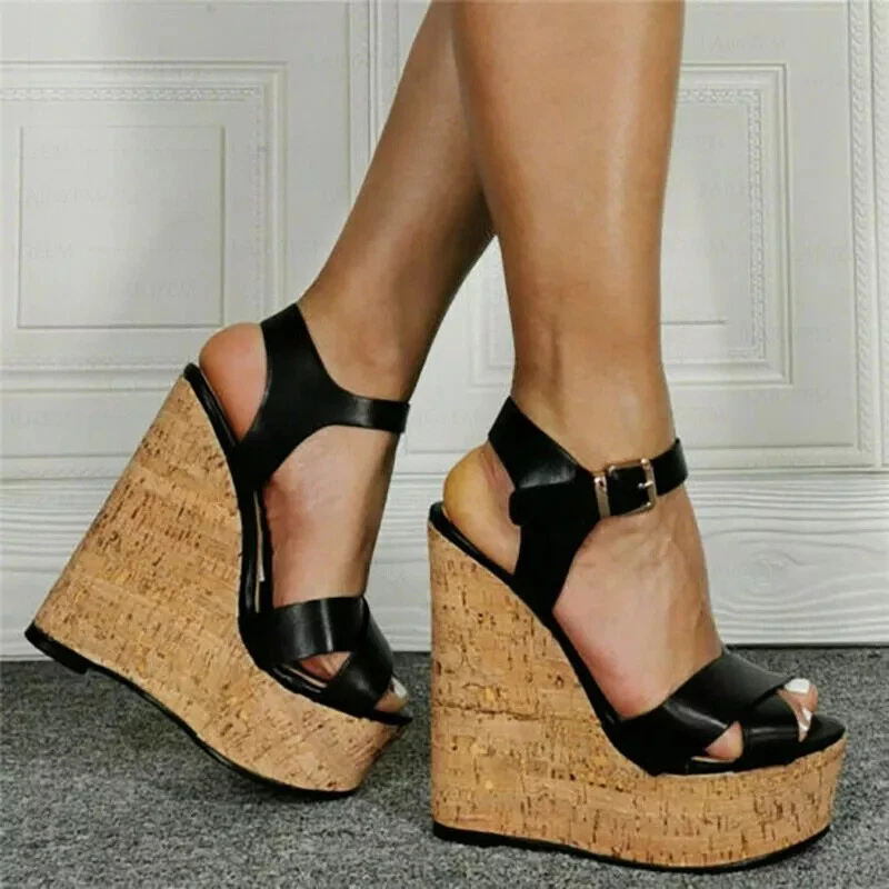 Mujer Plataforma Cuñas Talla Grande Bombas Punta Abierta Tacones Altos Sandalias Zapatos Mujer Foto 2 de 4