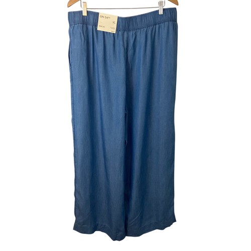 On 34th Pantalone Donna Alzata Chambray Gamba Larga Elastico Comfort Blu XL Nuovo - Foto 6 di 11