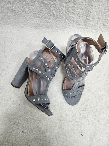 Charlotte Russe Heels Women 7 Gray Suede Studded Ankle Strap Open Front Shoes - Picture 6 of 13
