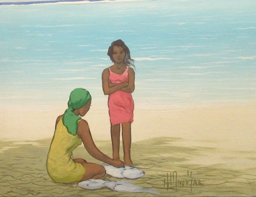 JUAN PLUTARCO ANDUJAR DOMINICAN WOMEN ON THE BEACH ORIGINAL OIL CANVAS PAINTING - Picture 4 of 6