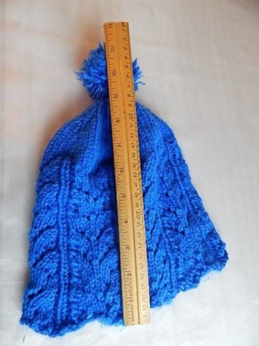 Vintage Winter Hand Knit Patterned Blue Hat Ski Beanie Cap Vegan Pom Pom Tassel - Picture 12 of 12