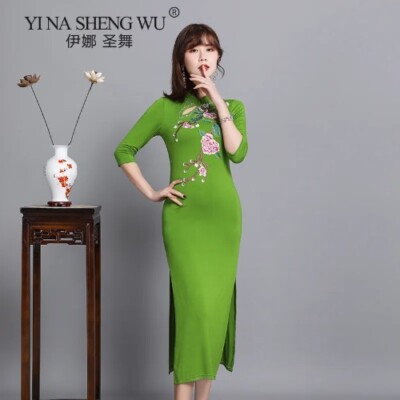 Dance Cheongsam Blossom Body Rhyme Costume Side Split Long Dress With Chinese 