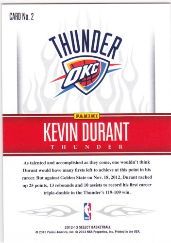 KEVIN DURANT 2012/13 Select HOT STARS Basketball Card OKLAHOMA CITY THUNDER - Picture 2 of 2