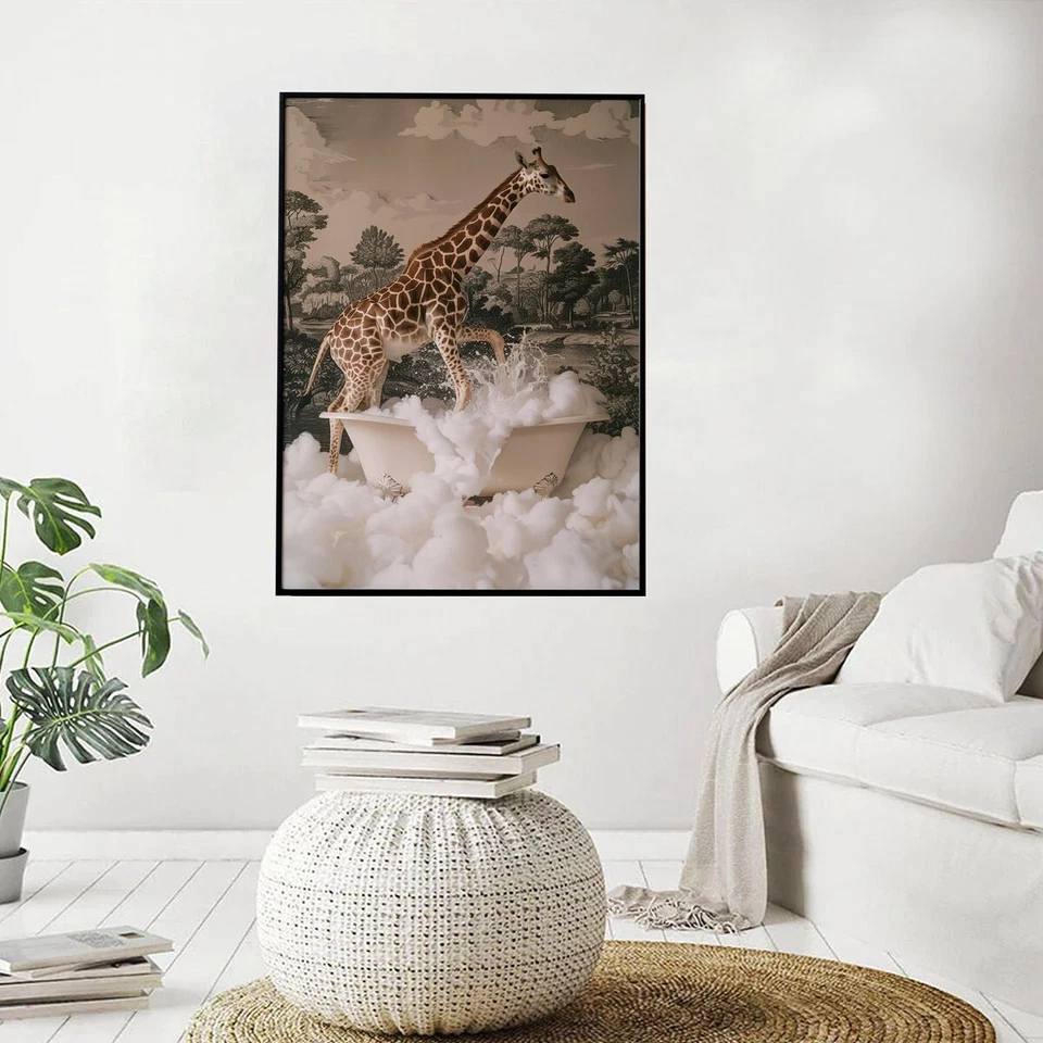 Jirafa en bañera, decoración de arte de pared de baño, póster imprimible de animales sin marco Foto 3 de 4