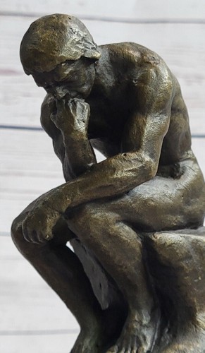 SIGNED BRONZE SCULPTURE NUDE MALE FRENCH RODIN THE THINKER ON MARBLE BASE FIGURE - 第 7/10 張圖片