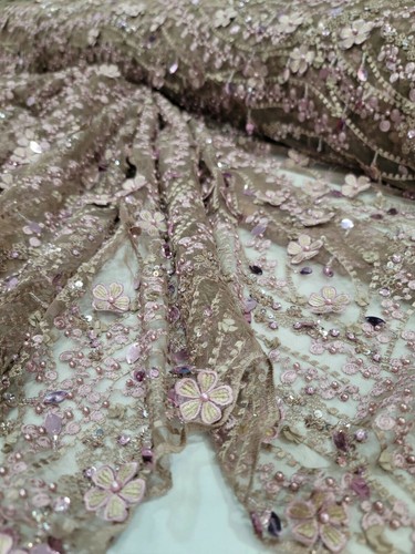 Fabric Sold By The Yard Mauve Beaded Lace Embroidery 3d Floral Flowers Sequin - Picture 10 of 12