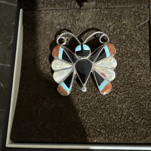 Native Sara Edaakie Zuni Sterling Silver Butterfly Pendant Brooch Pin 1 3/8" - Picture 2 of 12