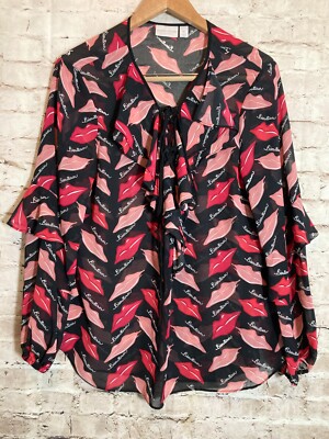 Bisou Bisou Top Womens XL All Over Kissing Lip Print Ruffle Lace Up Boho Hippie