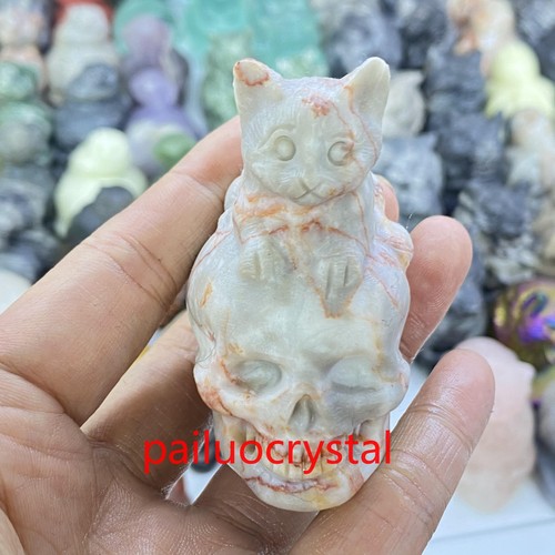 2.3" Natural Red network stone Cat Skull Quartz Crystal Skull Carved skull 1pc - Picture 2 of 5