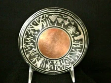 Vtg Inlaid Silver on Copper 6" Plate, Egyptian Design, Pyramids, Pharaohs, Camel
