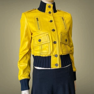 Blouson cuir bomber jaune GUCCI Madonna vintage années 2000 Y2K taille 42IT S