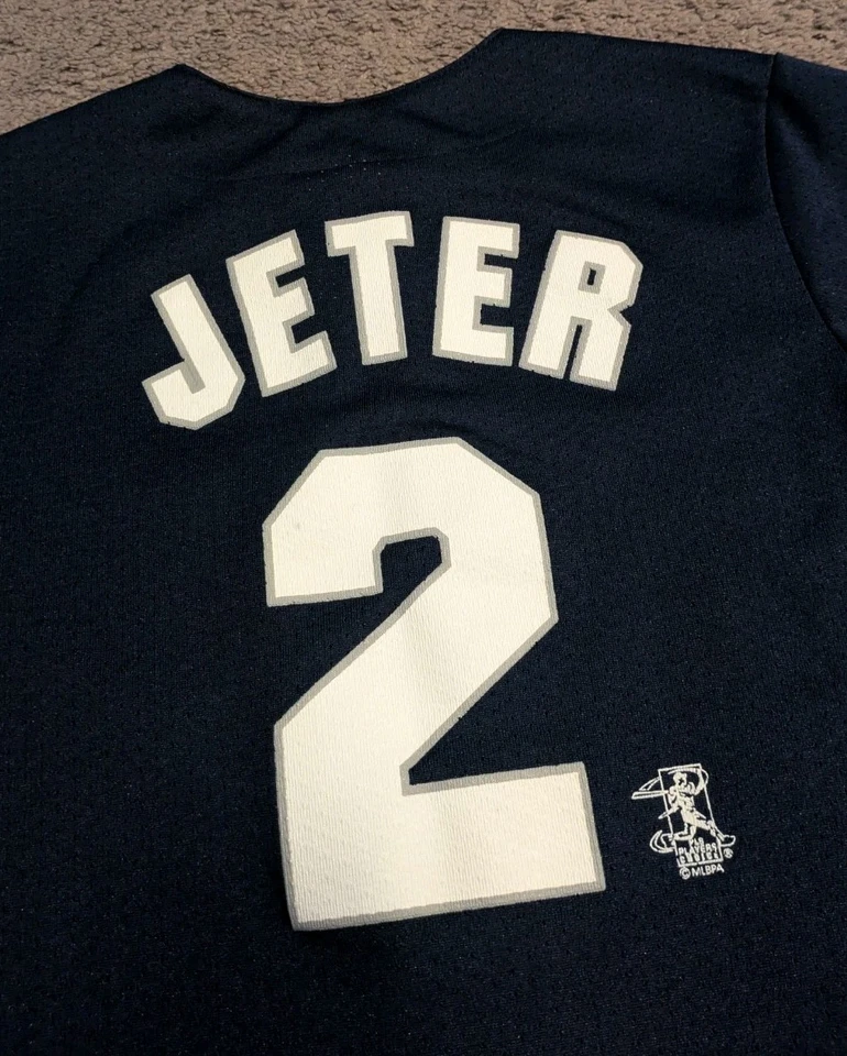 Camiseta Vintage Majestic New York Yankees Derek Jeter Azul Feita nos EUA Juventude M - Imagem 3 de 4