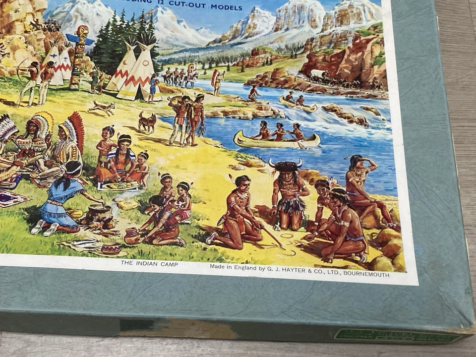 VICTORY WOODEN JIGSAW PUZZLE w/ CUT OUT SHAPES “THE INDIAN CAMP” ORIGINAL BOX - Image 3 of 4