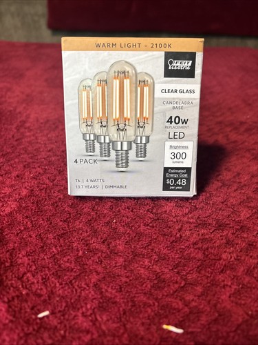 (4-Pk) Feit Electric Candelabra LED Light Bulb Glass Clear Warm White 40W