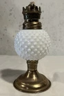 Vintage Hobnail Milk Glass and Brass Oil Lamp Base With Wick & Turn Knob 6.5” t