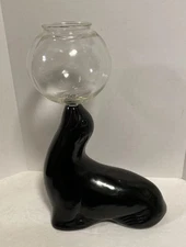 Art Deco Haeger Style Pottery Black Seal Sculpture w Original Glass Bowl VTG 8”