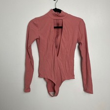 Reformation Ribbed Mock Neck Cutout Long Sleeve Bodysuit Pink Mauve Size Medium