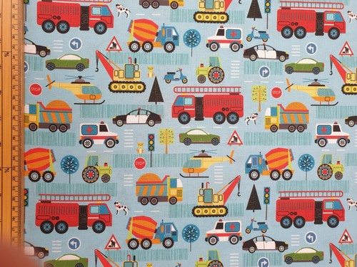 Vehicles fabric UK 100% cotton material metres Cars Trucks Vans Tractors Roads - Picture 2 of 2