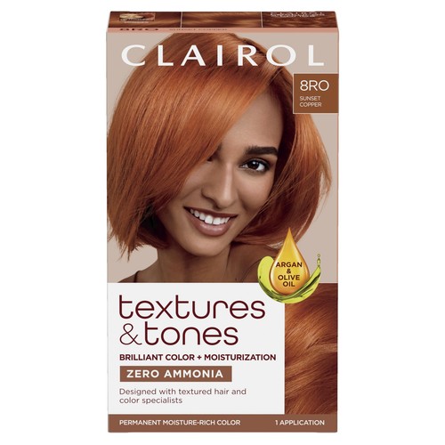 Clairol Textures & Tones Permanent Hair Dye, 8RO Sunset Copper Hair Color, Pack