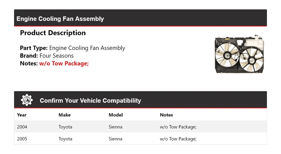 Conjunto de ventilador de refrigeração do motor Toyota Sienna 2004-2005 4 estações - Imagem 2 de 4