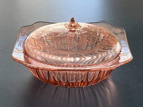 JEANNETTE ADAM PINK DEPRESSION GLASS 9" ROUND SERVING BOWL WITH LID 1932-34