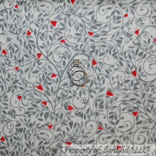 BonEful FABRIC FQ Cotton Quilt VTG Gray Red Heart Valentine Nurse Flower Garden - Picture 11 of 12